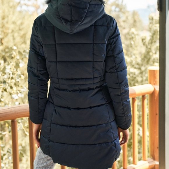 Navy Long Vegan Fur Hood Winter puffer Jacket Dark - Picture 5 of 6